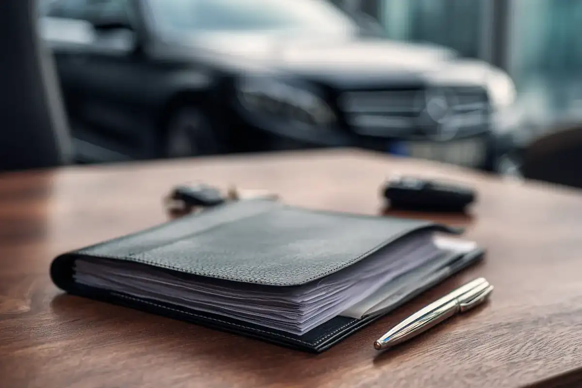 Leather folder, car key and pen on a wooden desk, a black Mercedes blurred behind.